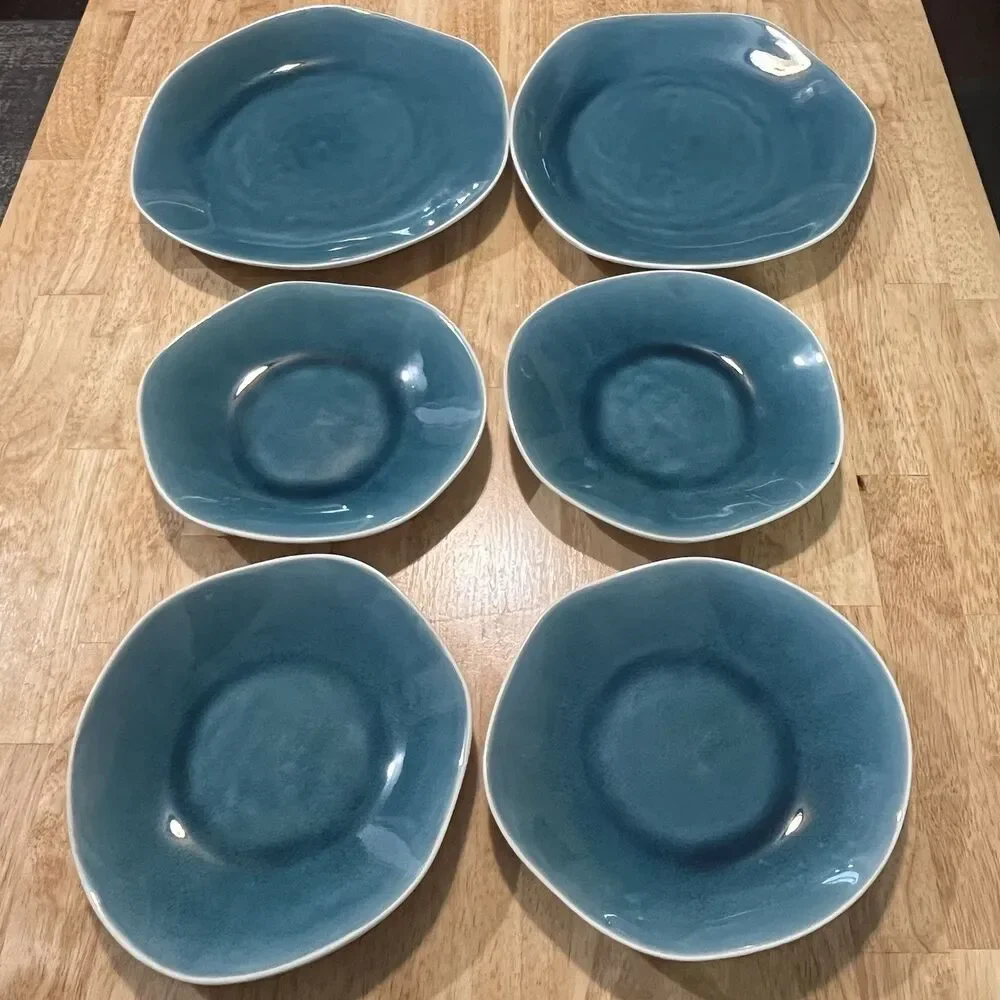 Crate & Barrel CB2 Organically Shaped Crackle Glaze Plate Set of 6 Salad Dinner